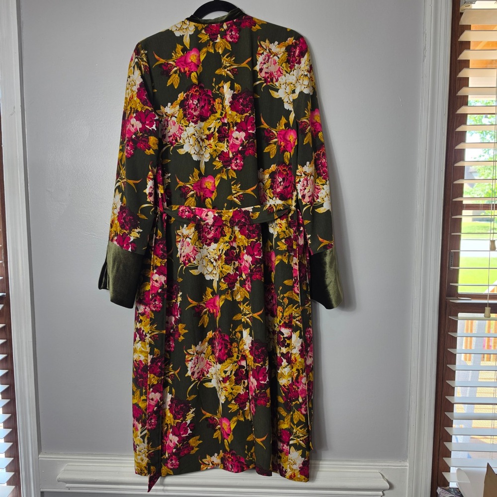 New York & Company Duster Floral Velvet Trim Longline Boho Olive Green Size M - Picture 6 of 8
